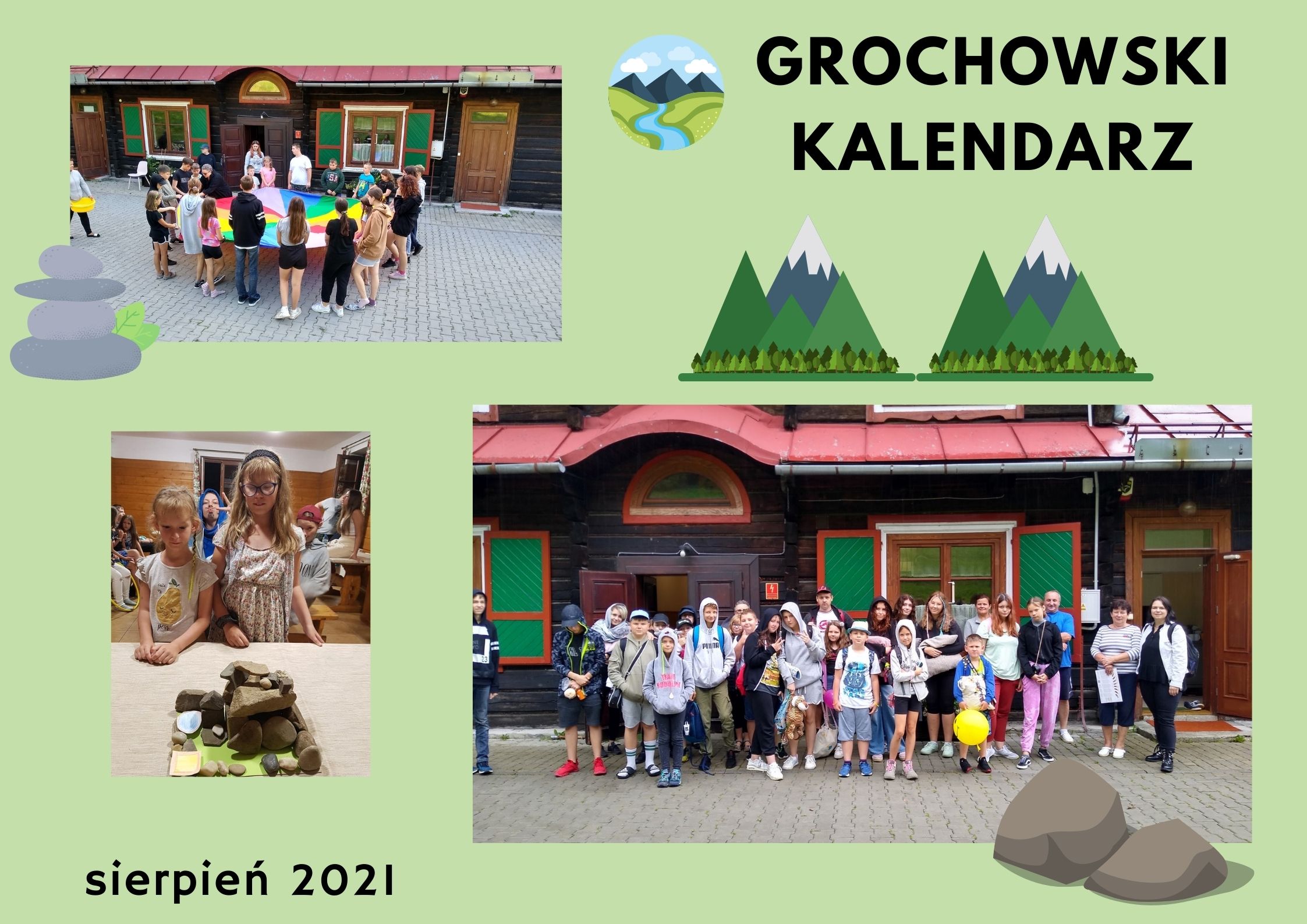 kolaż zdjęć dzieci z Ogniska Grochów, zdjęcia grupowe z Ośrodka Górskiego Kordon