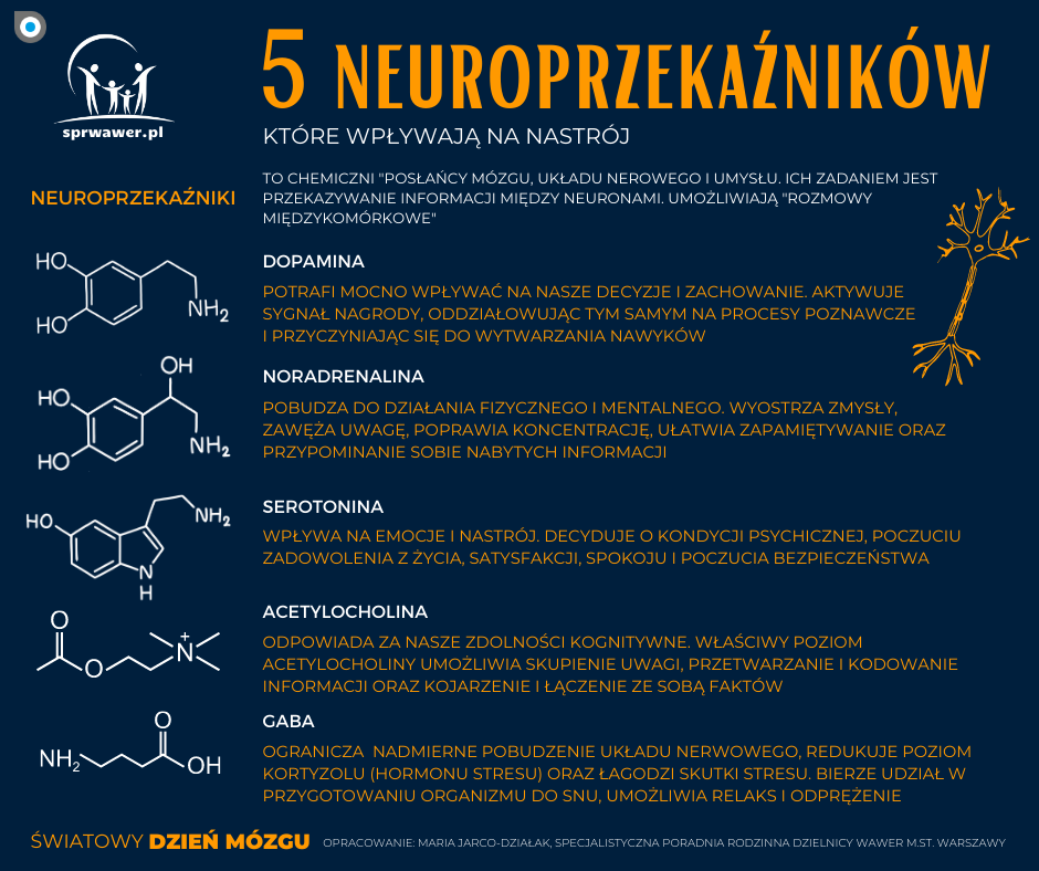 Grafika z tekstem "5 neuroprzekaźników"