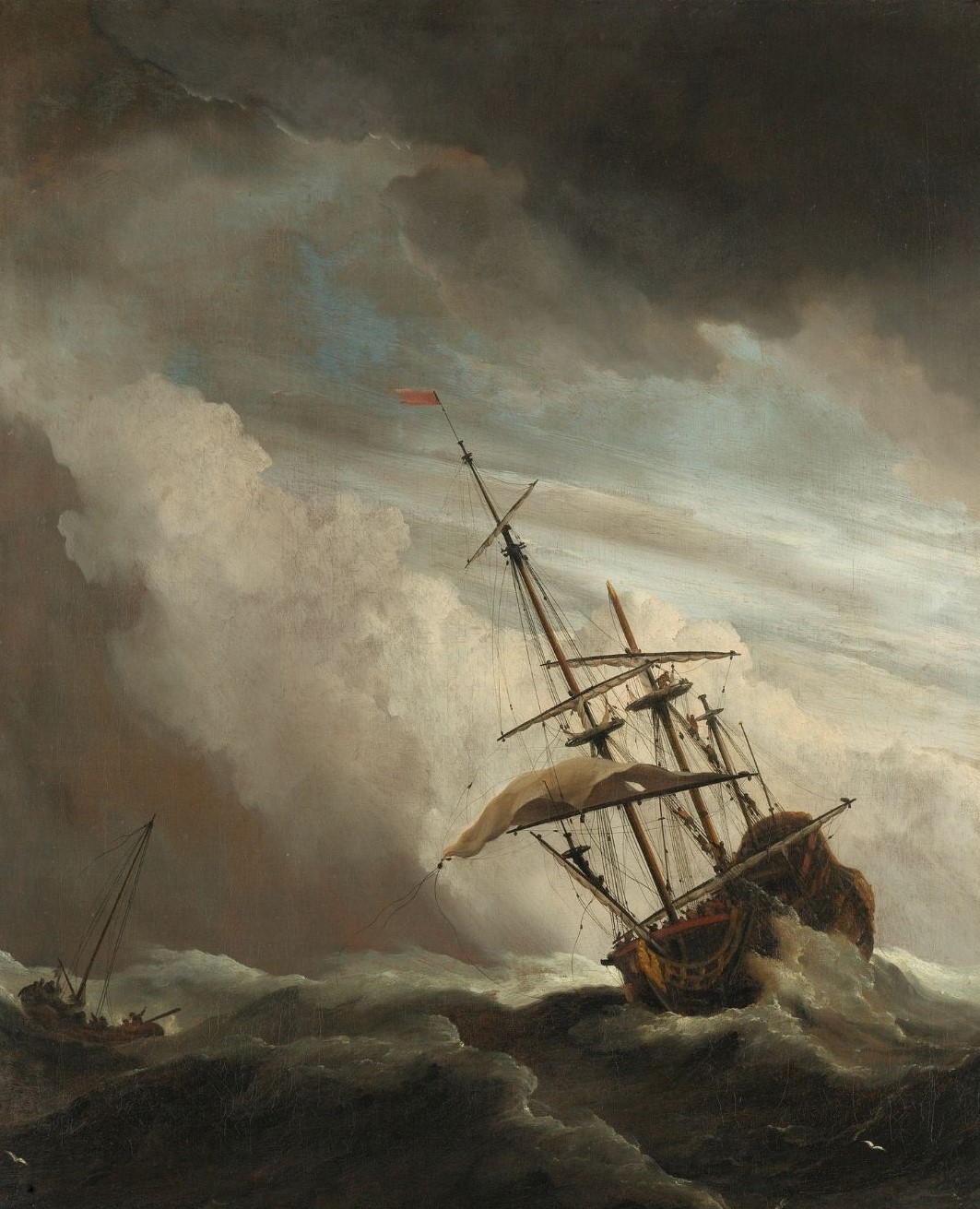 Obraz namalowany farbami, statek w czasie sztormu