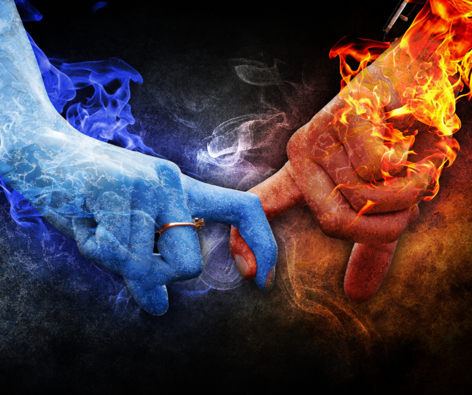 grafika trzymające się dłonie symbolizujące ogień i lód