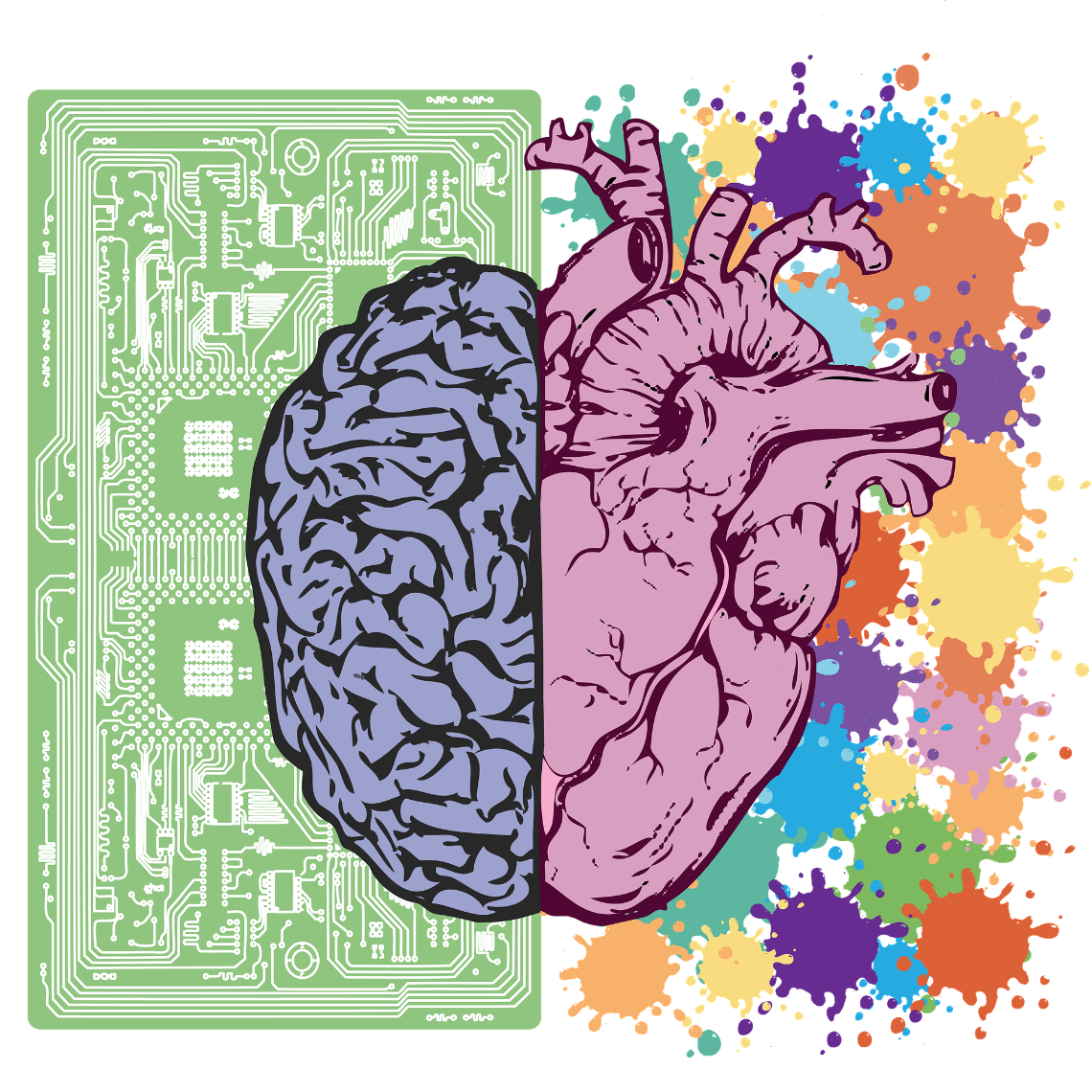 grafika po lewej półkula mózgowa na tle układu scalonego po prawej połowa serca na tle plam farby