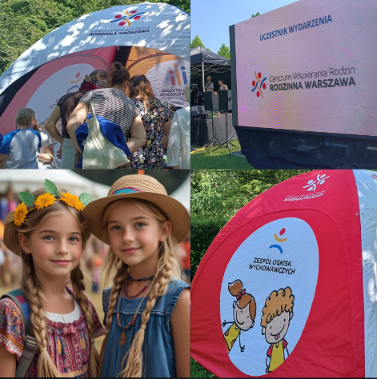 Zdjęcie przedstawiające dzieci biorące udział w pikniku, namiot Centrum Wspierania Rodzin "Rodzinna Warszawa" oraz telebim z reklamą Centrum Wspierania Rodzin.